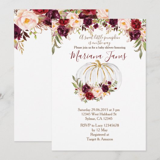 Invitation Citrouille d'automne et Baby shower floral de Bour (Devant / Derrière)