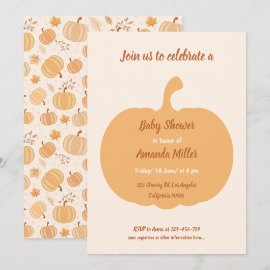 Invitation Citrouille d'automne et Baby shower pastel de feui (Devant / Derrière)