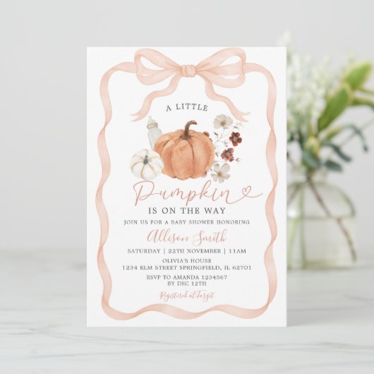 Invitation Citrouille de automne rustique Coquette Baby showe (Debout devant)