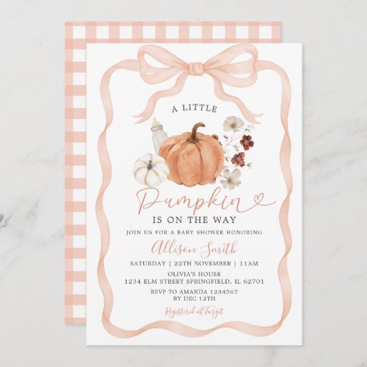 Invitation Citrouille de automne rustique Coquette Baby showe (Devant / Derrière)