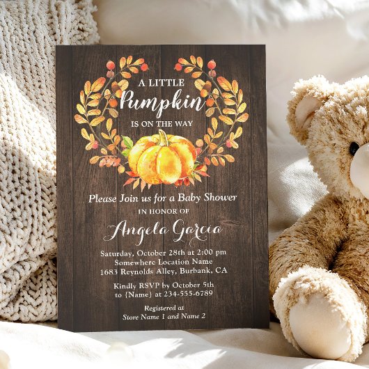 Invitation Citrouille de bois rustique Wreath Baby shower d'a