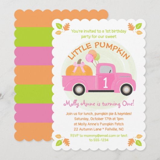 Invitation Citrouille de camion rose 1er premier anniversaire (Devant / Derrière)