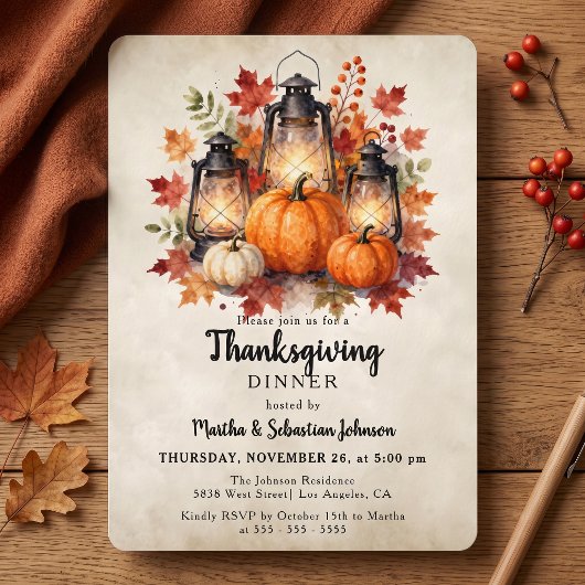Invitation Citrouille de lanterne aquarelle rustique pour Tha