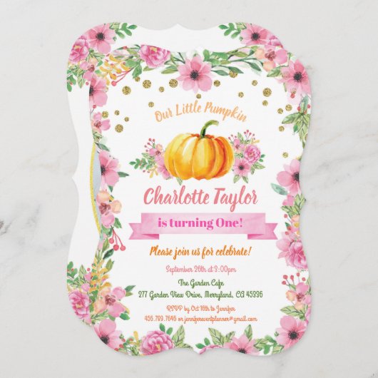 Invitation Citrouille de premier anniversaire photo invitatio (Devant / Derrière)