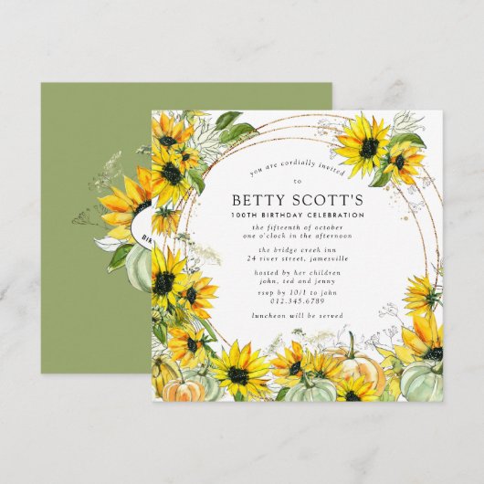 Invitation Citrouille de tournesol Automne 100e Carré Anniver (Devant / Derrière)