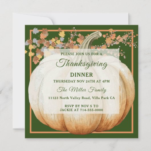 Invitation Citrouille de vacances Thanksgiving Dîner Invitati (Devant)