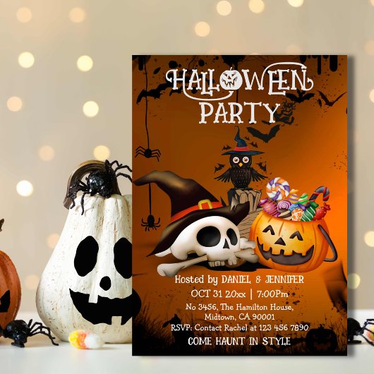 Invitation Citrouille d'Halloween bonbons crâne os squelettiq