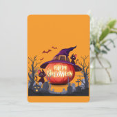 Invitation Citrouille d'Halloween, chats et chapeau de sorciè (Debout devant)