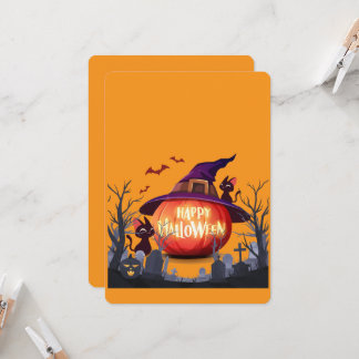 Invitation Citrouille d'Halloween, chats et chapeau de sorciè
