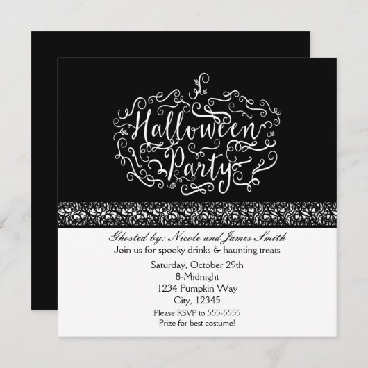 Invitation Citrouille d'Halloween Elegant noir blanc Invitati (Devant / Derrière)