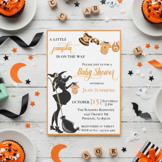 Invitation Citrouille d'Halloween en route Fête bébé sorcière