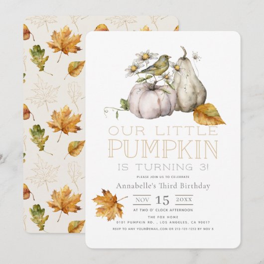 Invitation Citrouille d'oiseaux Leaves d'automne Aquarelle An (Devant / Derrière)