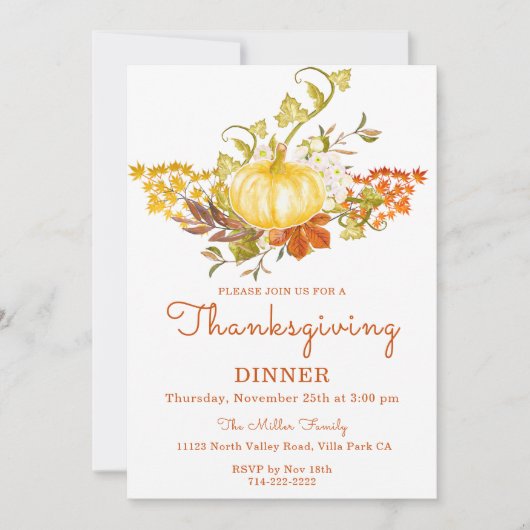 Invitation Citrouille d'or et feuilles d'automne (Devant)