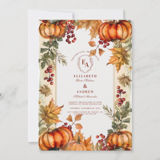 Invitation Citrouille d'or Rustic Mariage d'automne (Devant)
