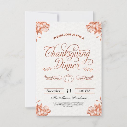 Invitation Citrouille du dîner de Thanksgiving rustique (Devant)