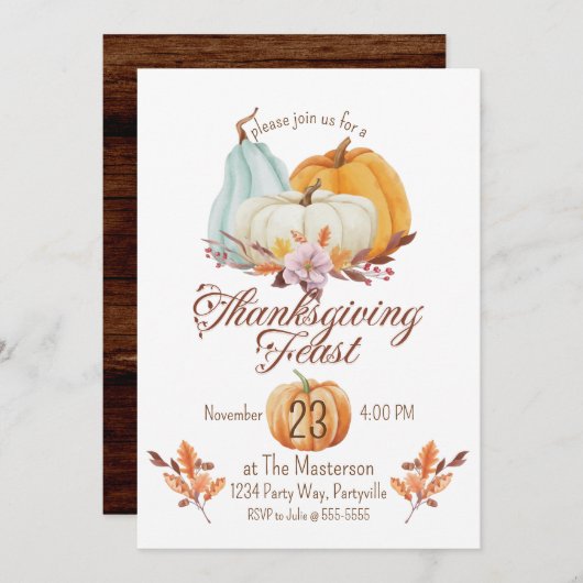 Invitation Citrouille du dîner de Thanksgiving rustique (Devant / Derrière)