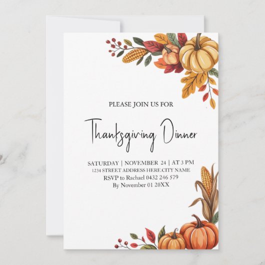 Invitation Citrouille du Dîner Thanksgiving branché (Devant)