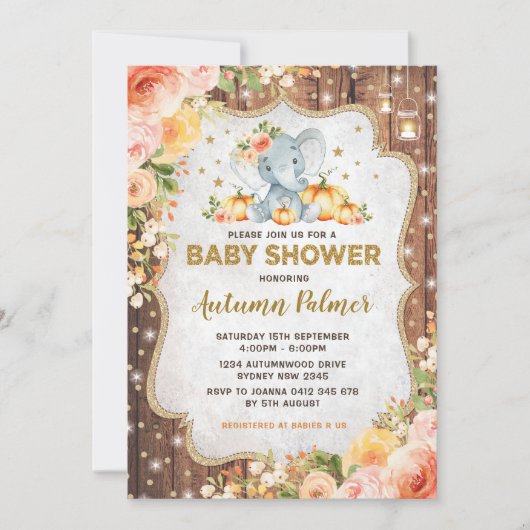 Invitation Citrouille Elephant Baby shower Automne Automne Fl (Devant)