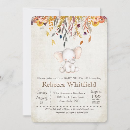 Invitation Citrouille Elephant Fall Baby shower (Devant)