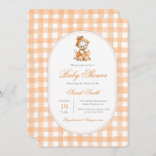 Invitation Citrouille En vichy Baby shower fille (Devant / Derrière)