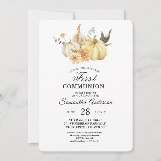 Invitation Citrouille et fleurs à l'aquarelle automne branché (Devant)