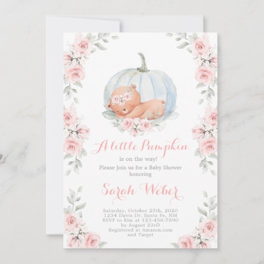 Invitation Citrouille et ours Baby shower fille (Devant)