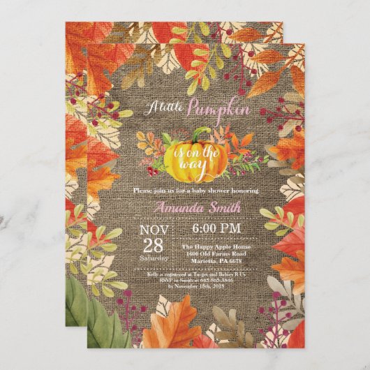 Invitation Citrouille Fall Burlap Girl Baby shower (Devant / Derrière)
