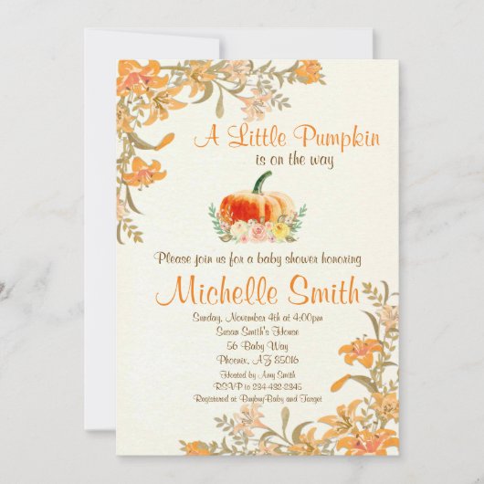 Invitation Citrouille Fall Floral Rustic Baby shower invitati (Devant)
