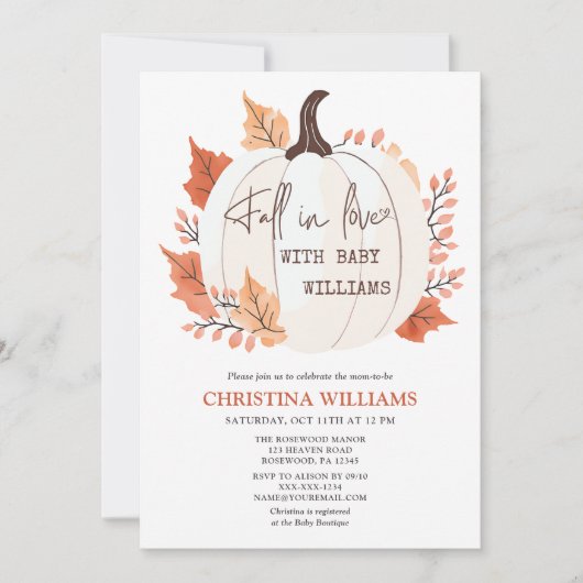 Invitation Citrouille Fall in Love Baby shower d'aquarelle (Devant)