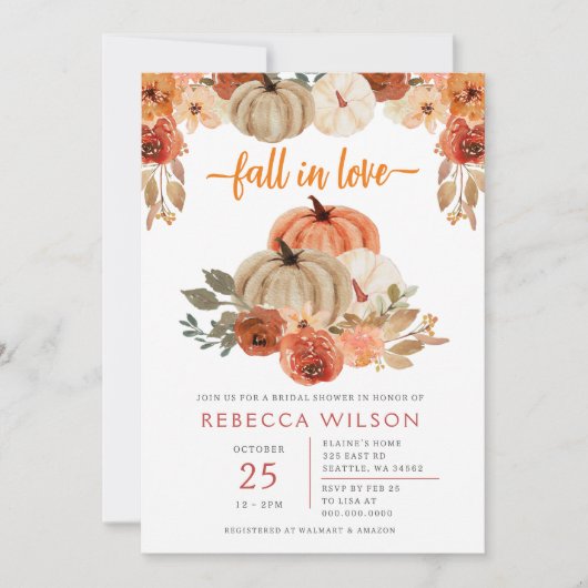 Invitation Citrouille Fall In Love Fête des mariées d'automne (Devant)