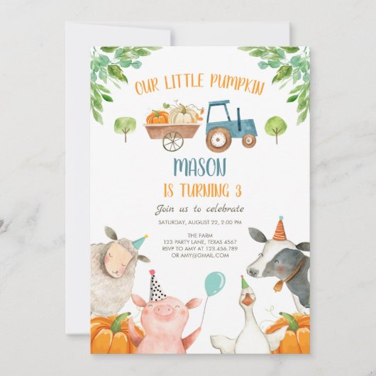 Invitation Citrouille Farm Barnyard Fall Boy Party Anniversai (Devant)