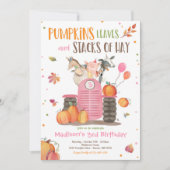 Invitation Citrouille Farm Party Pink Tractor fête d'annivers (Devant)