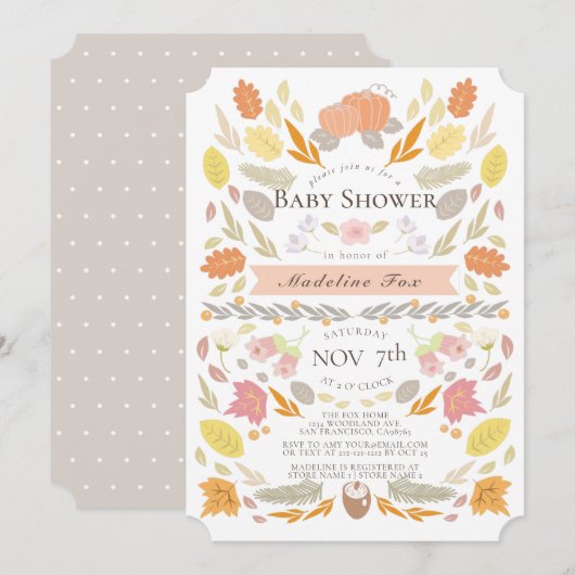 Invitation Citrouille Feuillage d'automne Baby shower floral (Devant / Derrière)