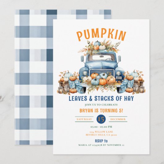 Invitation Citrouille Feuilles d'automne et piles de foin 5e (Devant / Derrière)