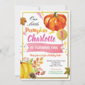 Invitation Citrouille fille premier anniversaire rose et or (Devant)