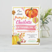 Invitation Citrouille fille premier anniversaire rose et or (Debout devant)