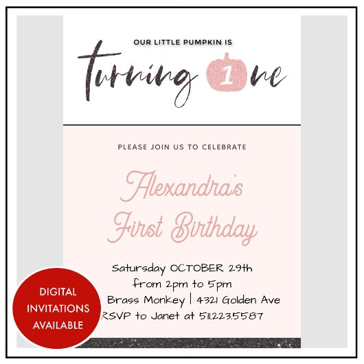 Invitation Citrouille fille rose Parties scintillant Hallowee