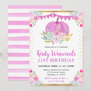 Invitation Citrouille Fleurie Rose Anniversaire des 21 ans d'