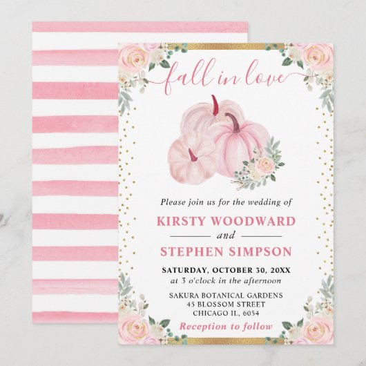 Invitation Citrouille Fleurie Rose Clair Mariage d'Automne (Devant / Derrière)