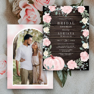 Invitation Citrouille Fleurie Rose Pâle Photo Mariage Bois