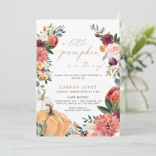 Invitation Citrouille floral Baby shower d'automne genre neut (Debout devant)
