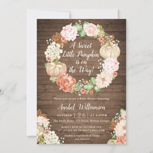 Invitation Citrouille Floral Baby shower de couronnes en bois (Devant)