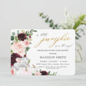 Invitation Citrouille Floral Bourgogne Baby shower Elephant D (Debout devant)