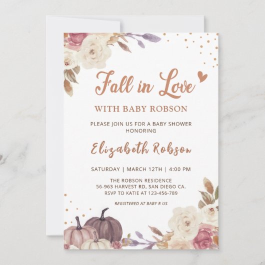 Invitation Citrouille floral chute en amour Baby shower Invit (Devant)