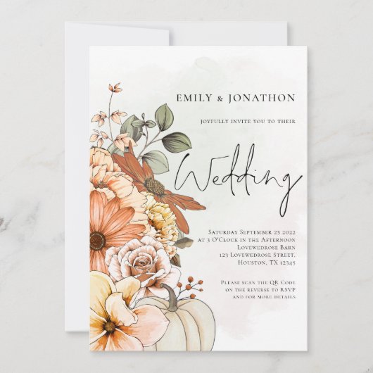 Invitation Citrouille floral d'automne Script QR Code Mariage (Devant)
