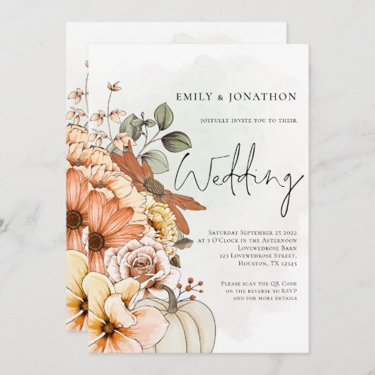 Invitation Citrouille floral d'automne Script QR Code Mariage (Devant / Derrière)