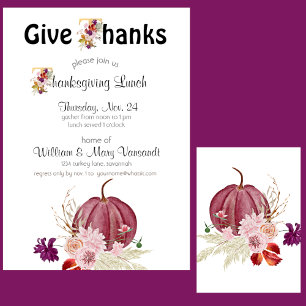 Invitation Citrouille Floral Gold White Thanksgiving Invitati