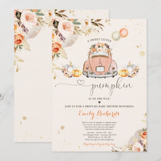 Invitation Citrouille Floral Rustique Conduit Par Baby shower (Devant / Derrière)