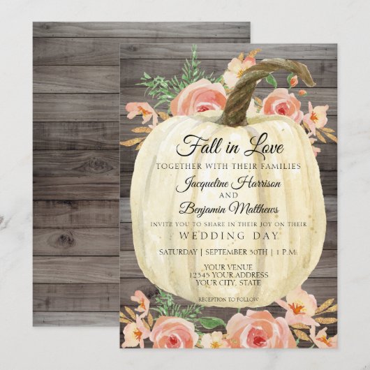 Invitation Citrouille florale aquarelle rustique en bois de p (Devant / Derrière)