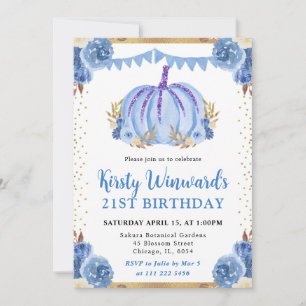 Invitation Citrouille Florale Bleue et Or Automne 21e Anniver